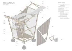 Detailed Exploded Axo of a compact house/hut created in Rhino