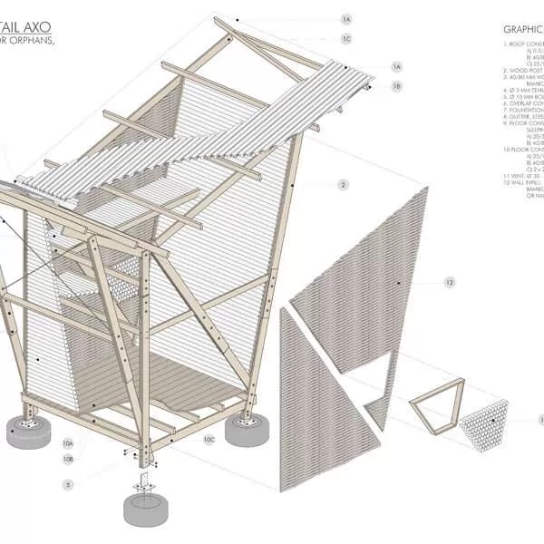 Detailed Exploded Axo of a compact house/hut created in Rhino