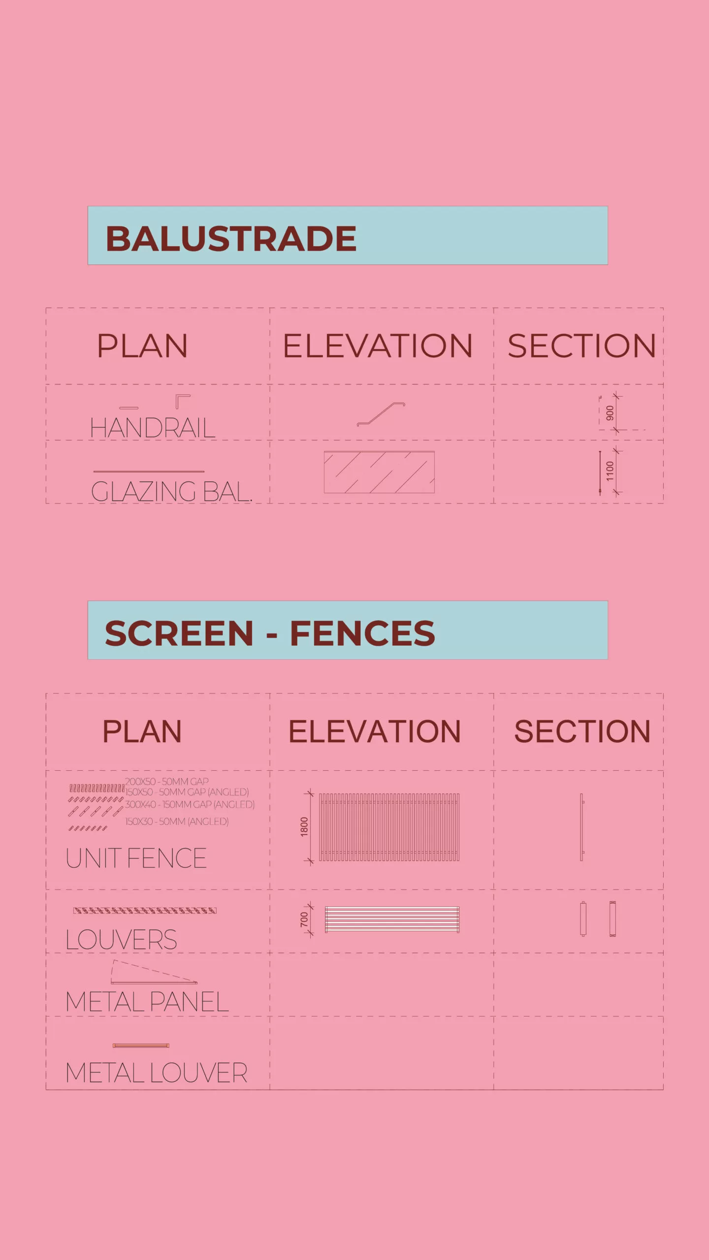 Railing blocks and Screen 2D blocks DWG Rhino Template for Architects